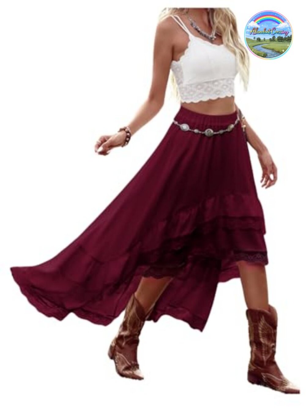 Western Cowgirl Lace Flowy Skirt Country Concert Festival Outfit